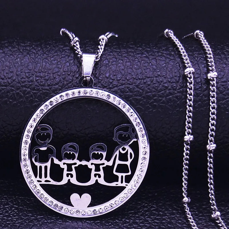Family Boy Gril Stainless Steel Silver Color Crystal Necklace