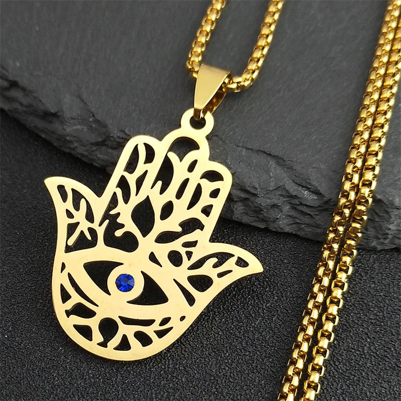 Hollow Fatima Hamsa Stainless Steel Gold Color Luck Hand Palm Blue Turkey Eye Pendants Necklace