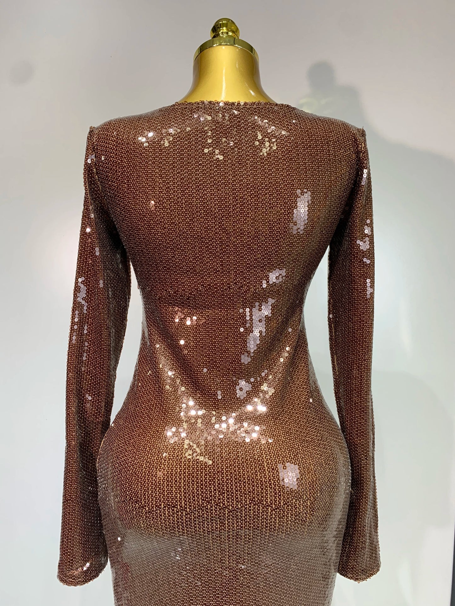 Women Sparkly Sequins Deep V Long Sleeves Midi Celebrity Birthday Party Prom Dress