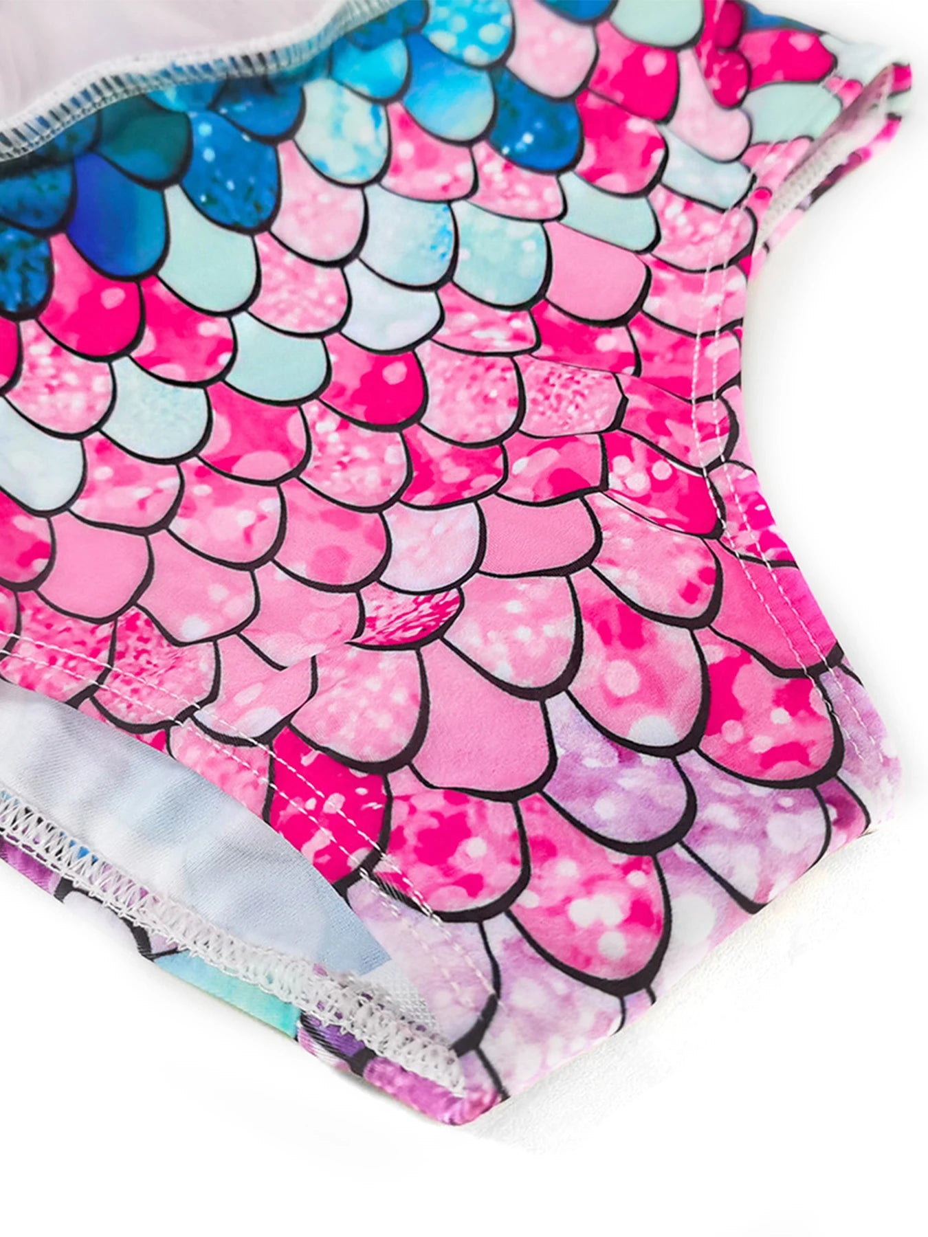 Girls Kids Sleeve Pink Princess 3D Mermaid Scale Print Mesh Skirted Bikini Briefs Swimming Suit