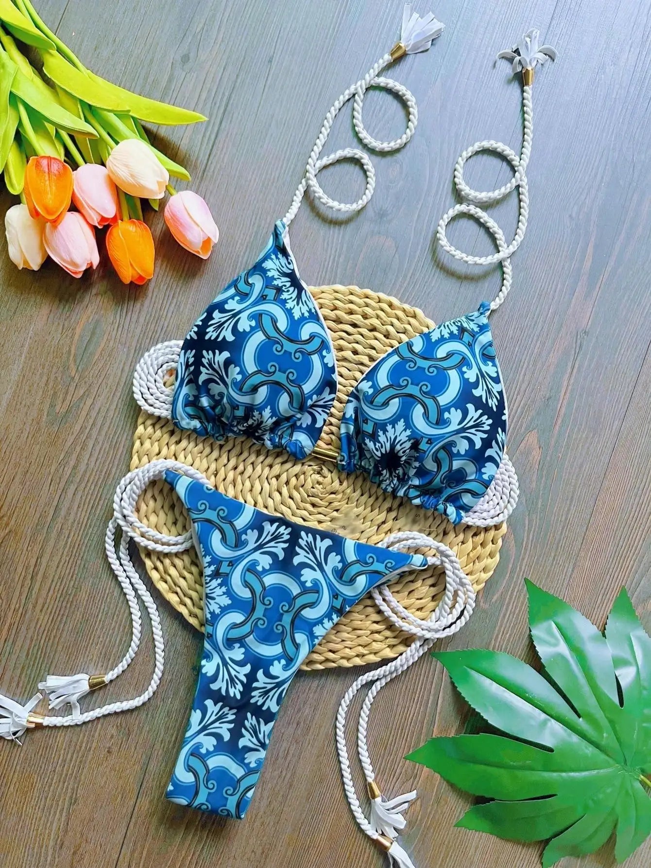 Sexy Print Brazilian Braiding Rope Bandage Bikinis Triangle Swimwear Bathing Suit