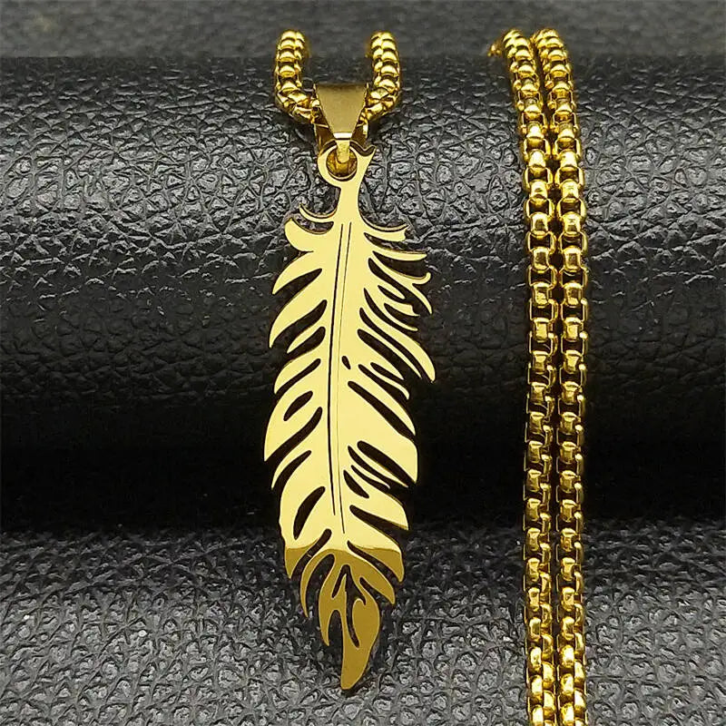 Boho Leaf Feather Women Men Stainless Steel Silver Color Chain Pendant Necklace