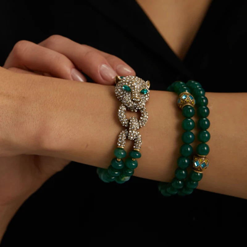 Vintage Green Beads Women Rhinestones Leopard Head Bangles Eye Bracelets
