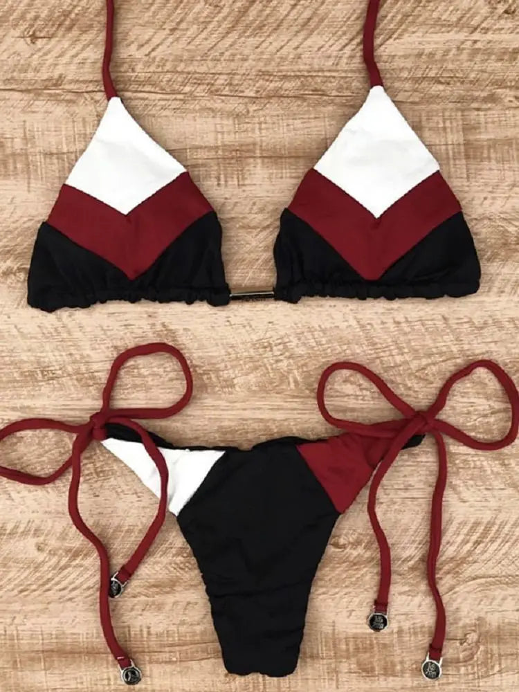 Sexy Halter Thong Micro Bikini Push Up Brazilian Tropical Plant Print String Mini Swimsuit