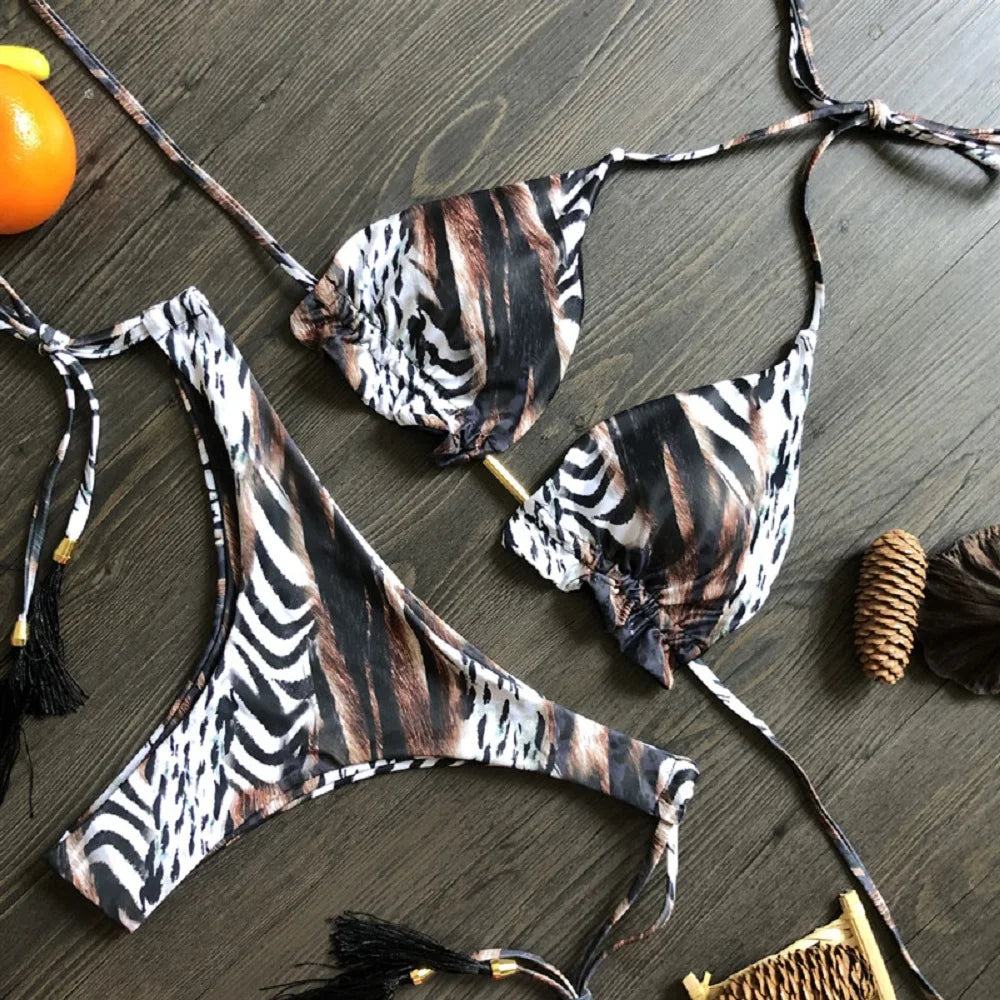 Striped Knotted Swimsuit Beach Sexy Thong Swimwear Bandage Brazilian Mirco Bikinis