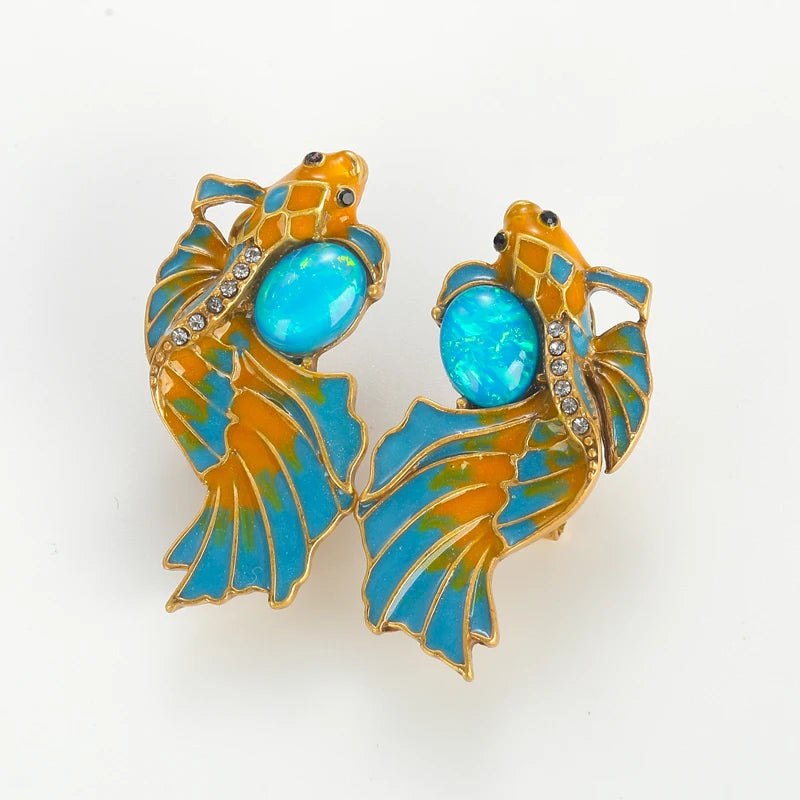 Woman Antique Vintage Enamel Goldfish Blue Natural Stone Stud Earrings