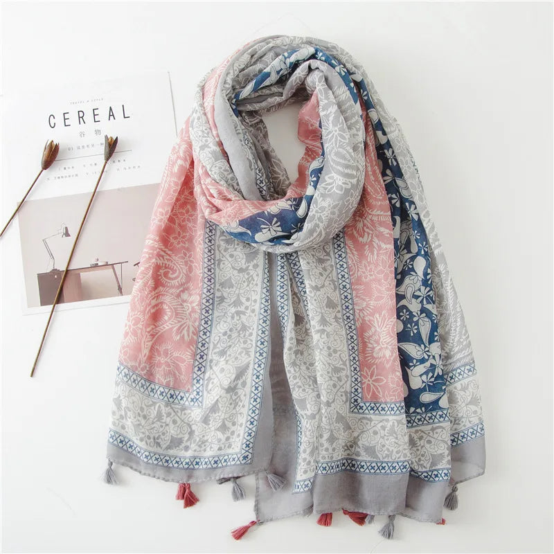 Women Fashion Large Cotton Flower Designs Tassel Prints Scarves Wrap Shawl Scarf