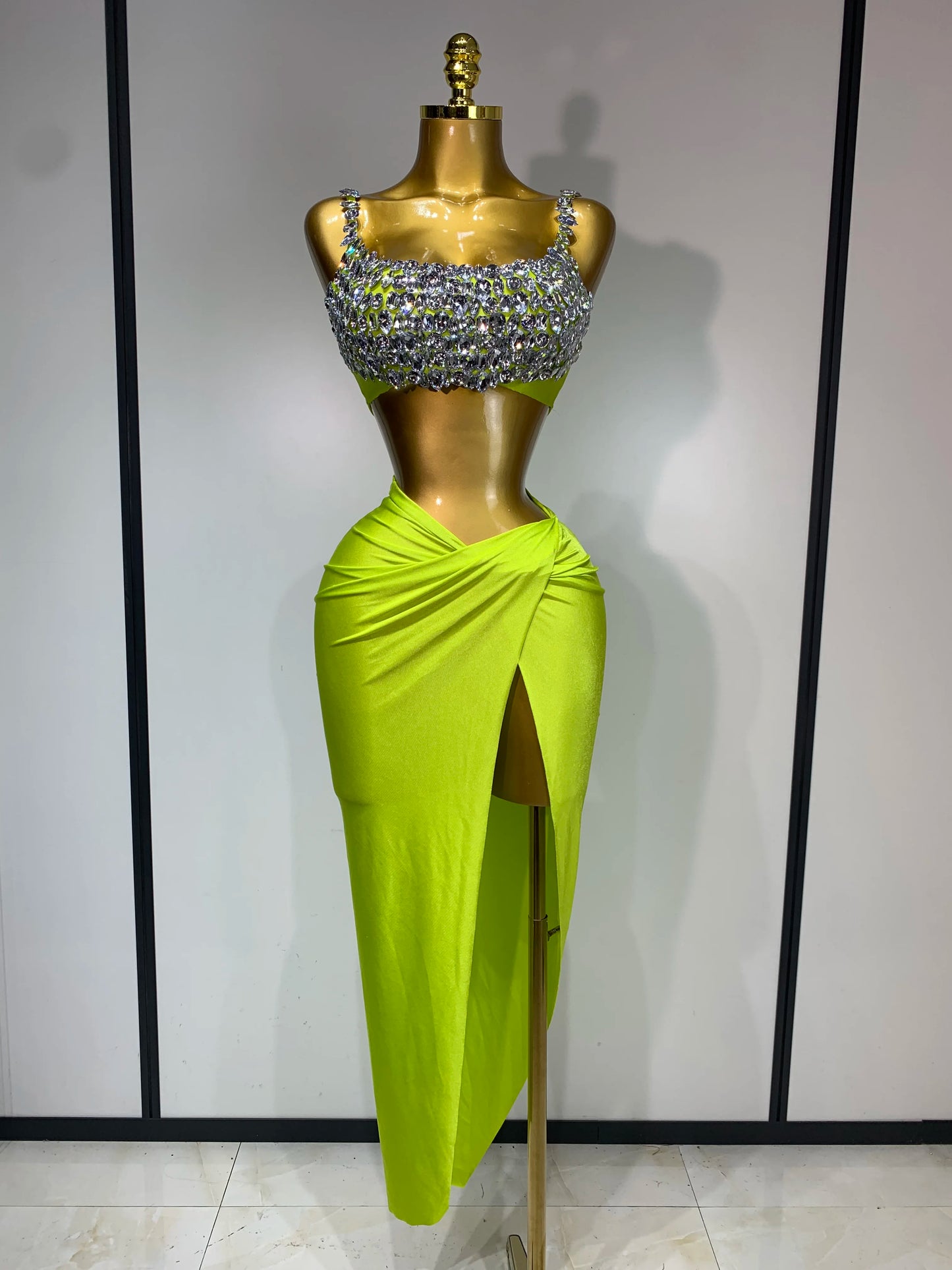 Women Sparkly Rhinestone Crop Tops Long Skirt Two Pieces Birthday Party Dinner Dress