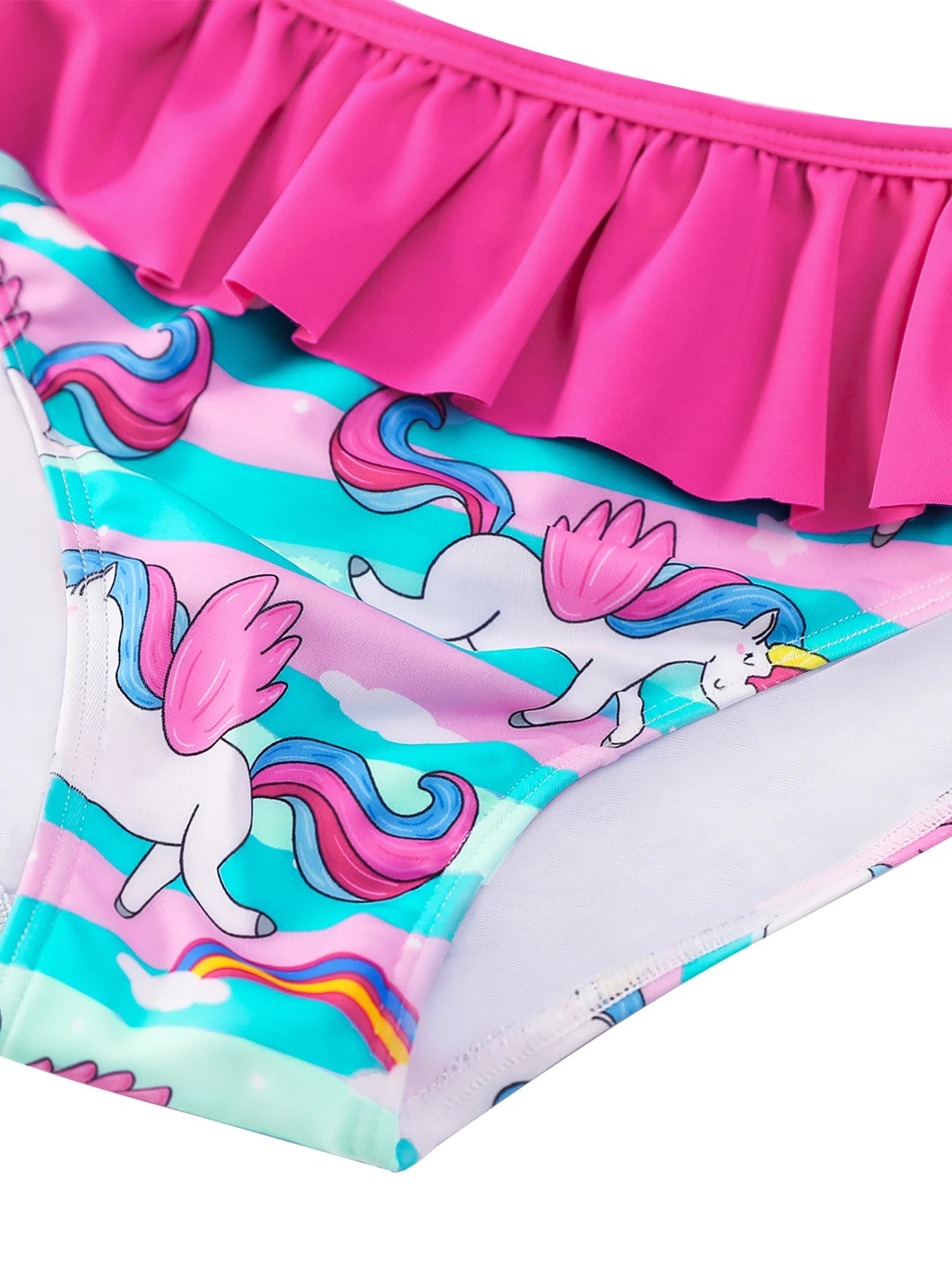 2pcs Kids Girls Long Sleeve Cartoon Horse Rainbow Print Beach Tops & Swim Briefs Swimsuit