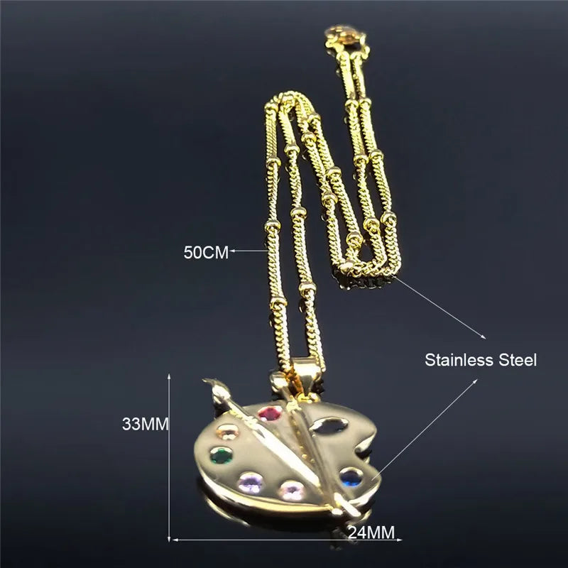 Painting Plate Zircon Stainless Steel Art Pigment Palette Choker Necklace