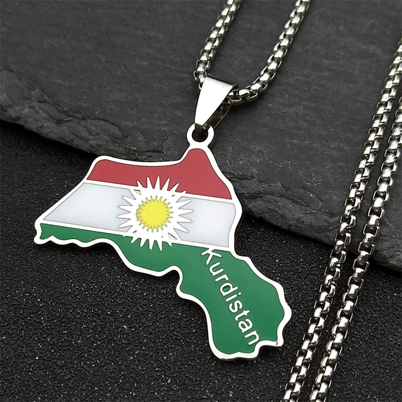Women Men Kurdistan Afghanistan Region Flag Map Stainless Steel Pendants Necklace