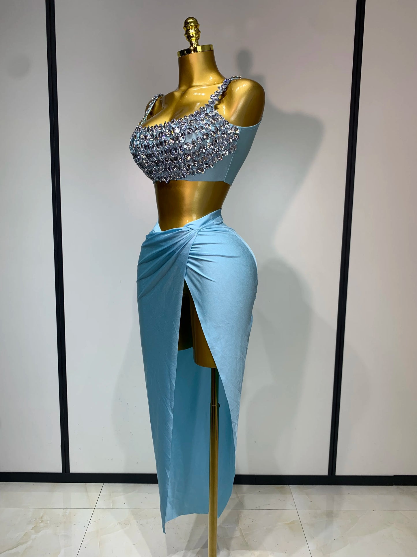 Women Sparkly Rhinestone Crop Tops Long Skirt Two Pieces Birthday Party Dinner Dress