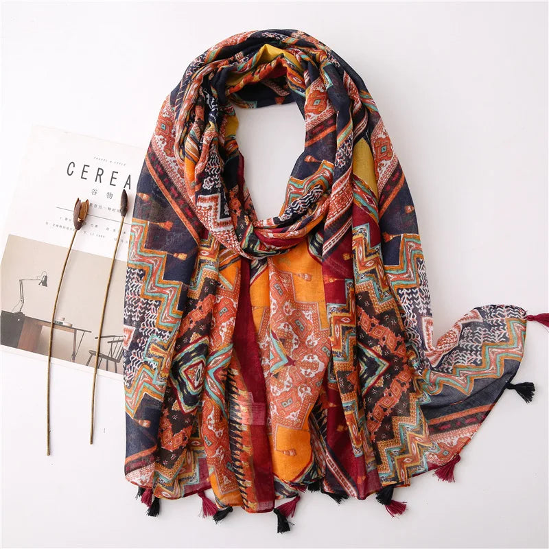 Women Fashion Large Cotton Flower Designs Tassel Prints Scarves Wrap Shawl Scarf
