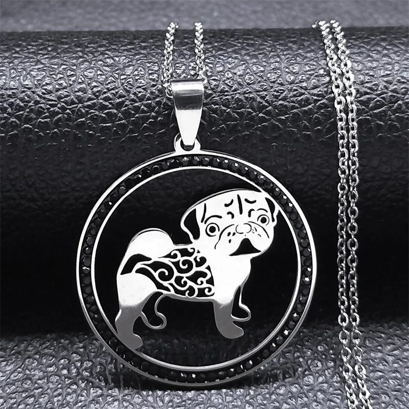 Pug Dog Stainless Steel Crystal Necklace Pendant Gold Color Chain Necklace