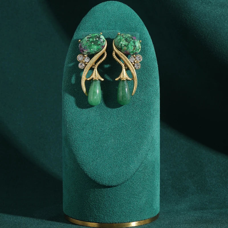 Antique Moss Green Natural Stone Flower Rhinestones Vintage Long Water Drop Earrings