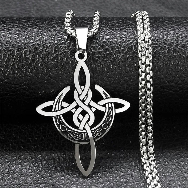 Crescent Celtic Irish Knot Stainless Steel Witch Moon Amulet Protection Chain Necklace