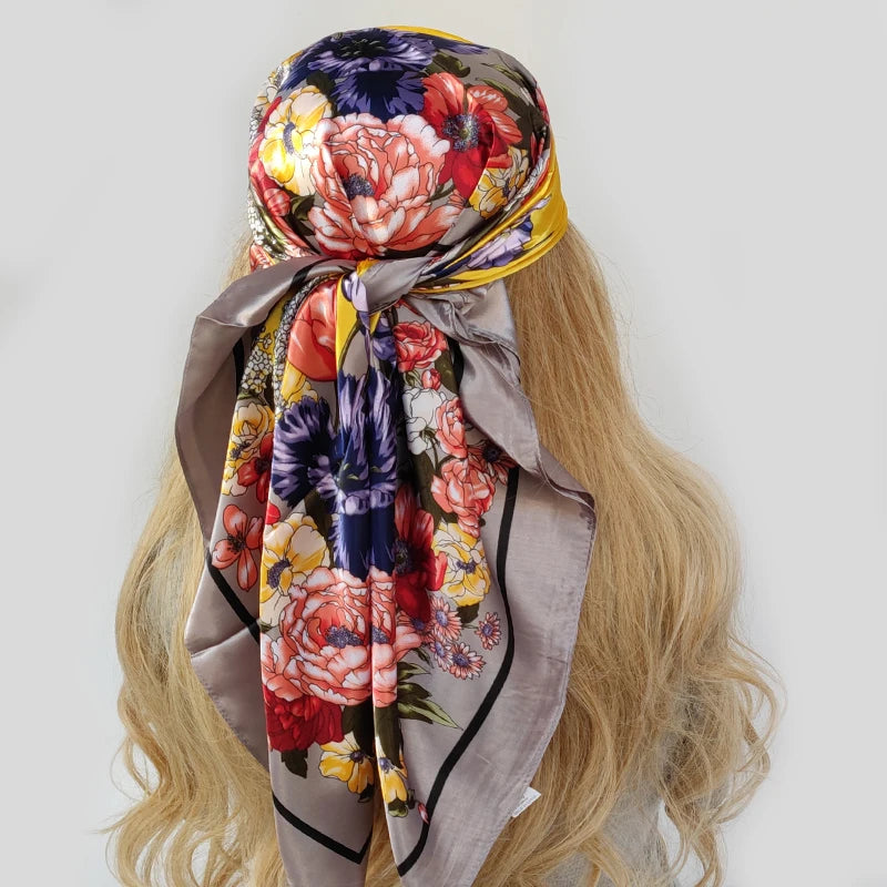 90cm Women Four Seasons Square Silk Satin Oil Painting Prints Bandana Wrap Shawl Scarves Scarfs gfK5