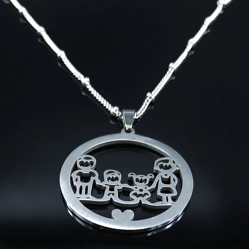 Family Boy Gril Stainless Steel Silver Color Crystal Necklace