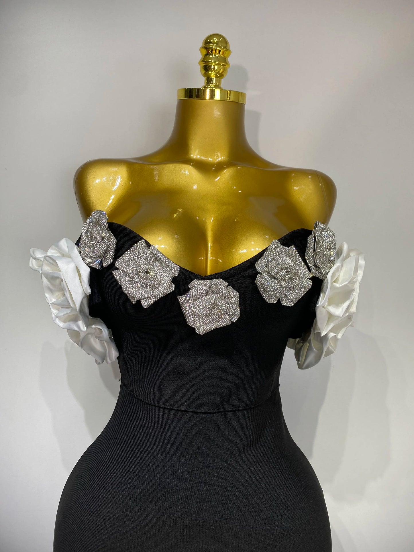 Celebrity Sexy Rhinestone Off Shoulder Flower Maxi Long Bandage Evening Party Dress