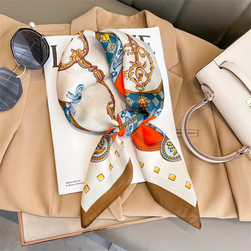Women Square Scarf Print Satin Silk Like Bandana Shawl Wraps Scarves