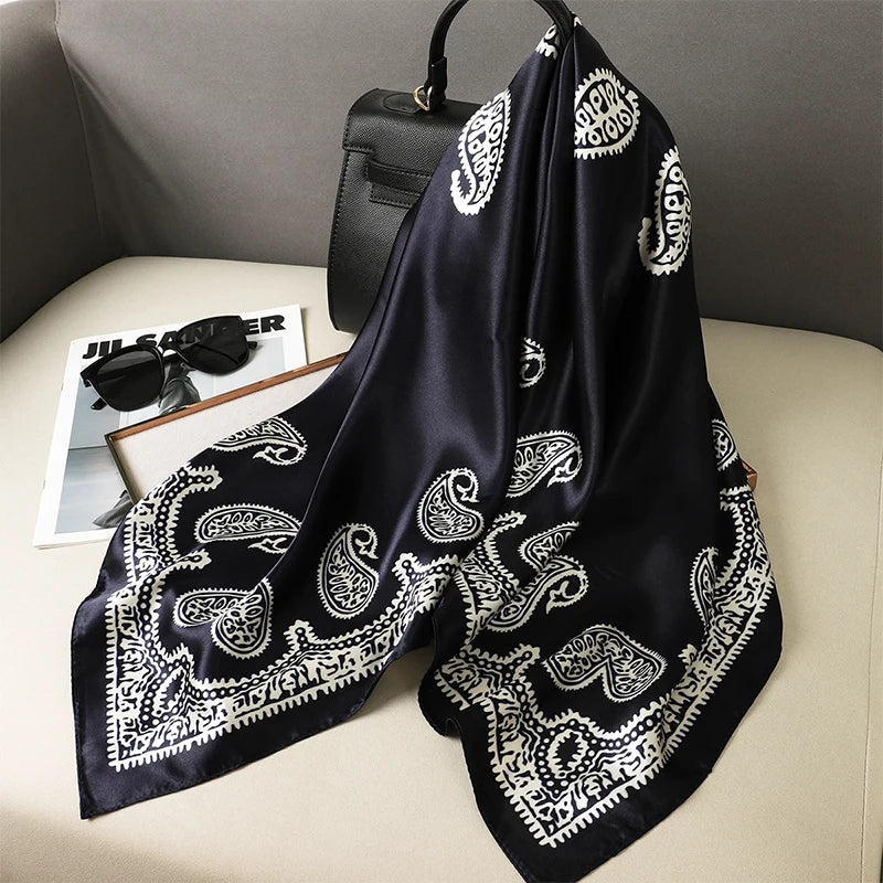 90cm Women Vintage Paisley Square Silk Shawls Printed Wraps Bandana Scarves