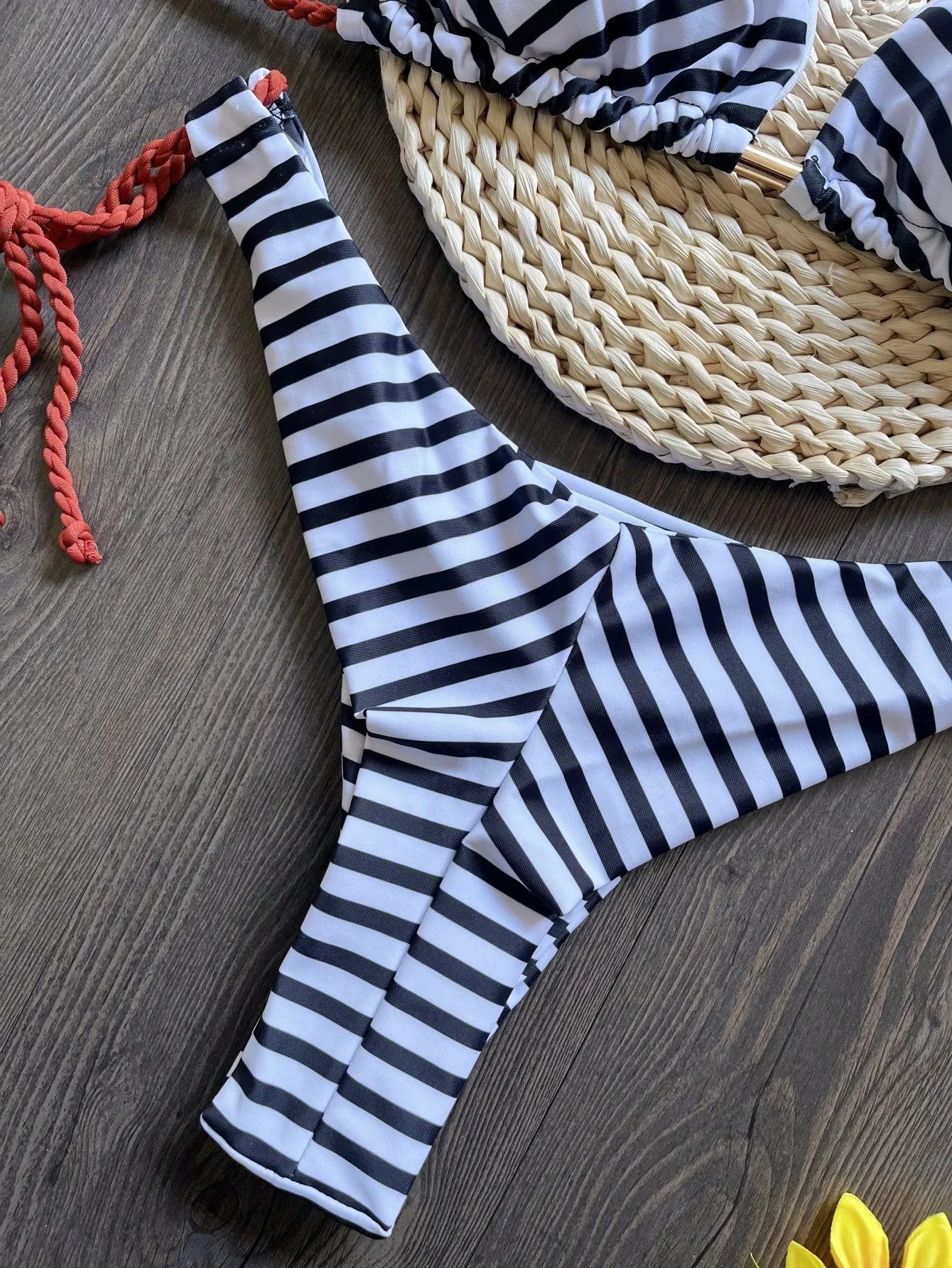 Sexy Micro Stripe Print Braiding Rope Swimwear Bathing Suit Brazilian Bikini