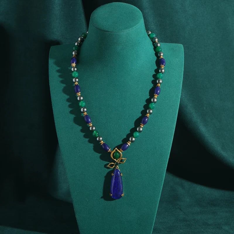 Women Long Blue Natural Stone Vintage Beaded Chain Pearl Designer Pendant Necklaces