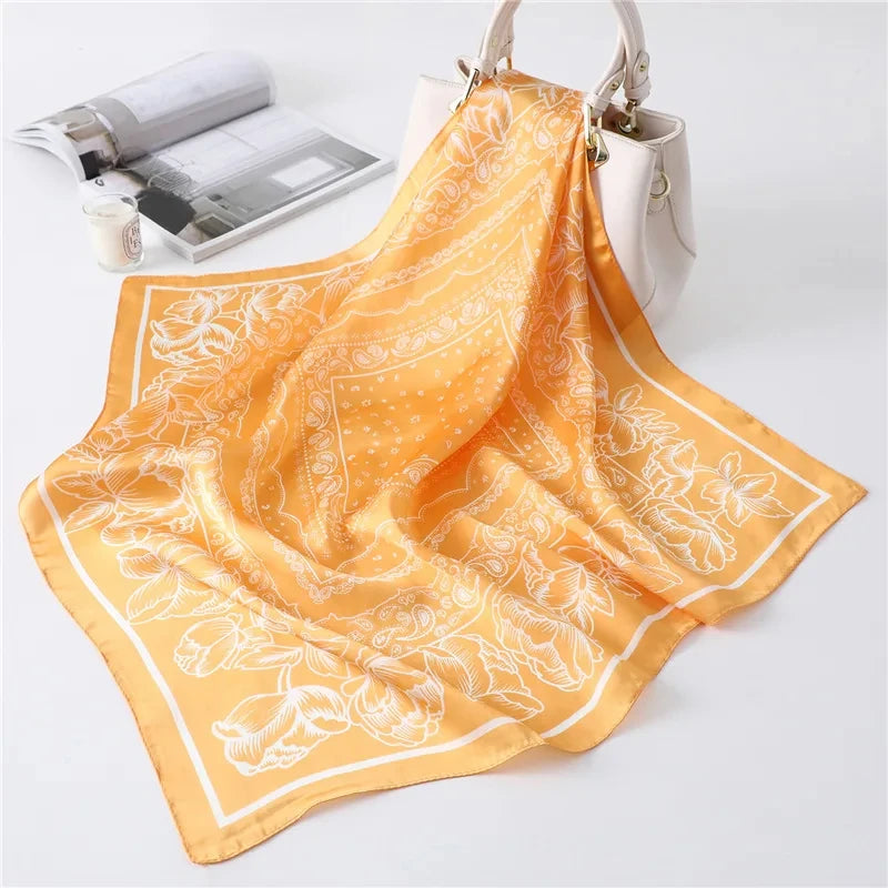 70cm Women Fashion Floral Print Square Silk Scarf Satin Shawl Wrap Scarves
