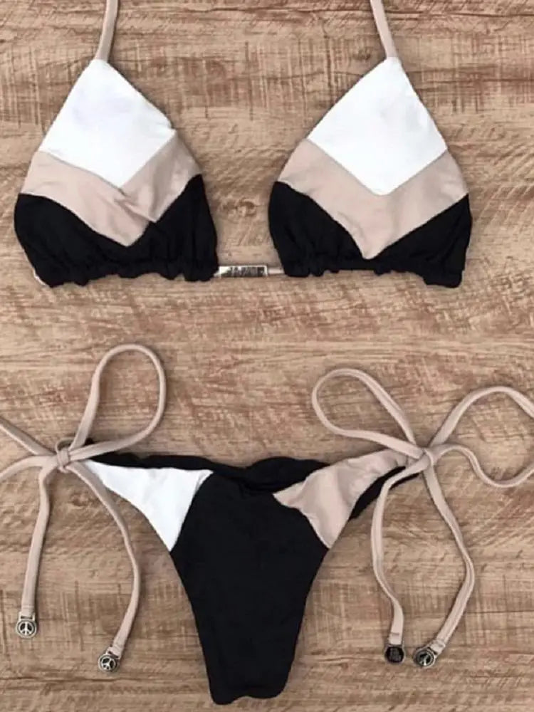Sexy Halter Thong Micro Bikini Push Up Brazilian Tropical Plant Print String Mini Swimsuit