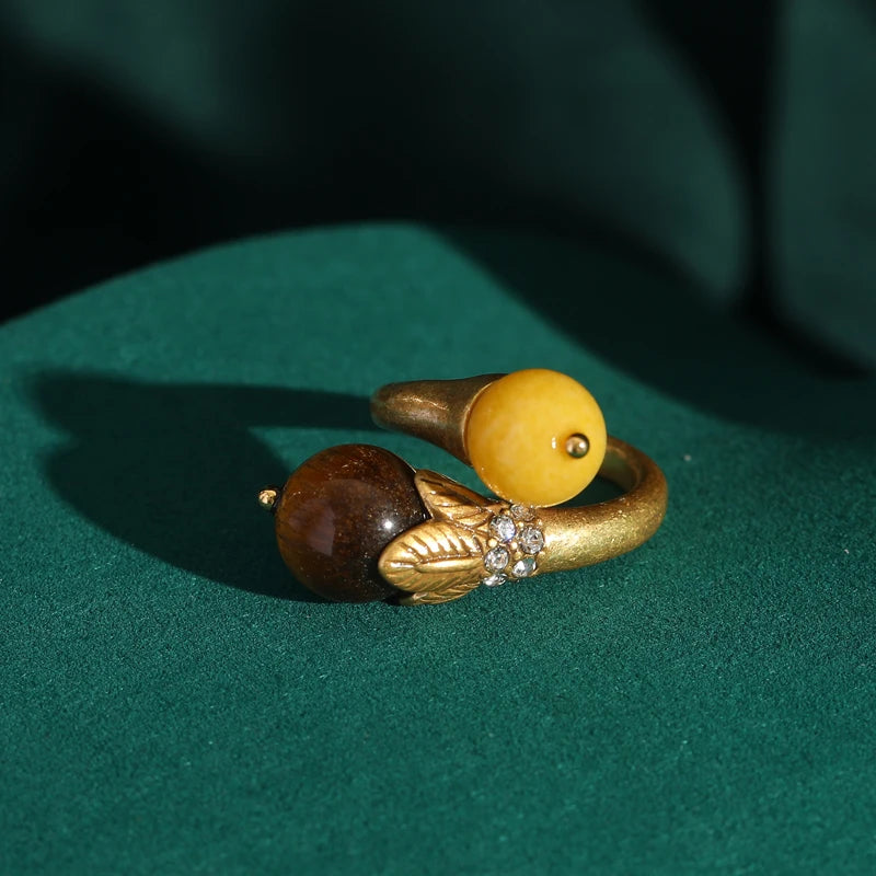 Women Blue Natural Stone Open Leopard Fashionable Water Drop Gold Color Pearl Flower Ring