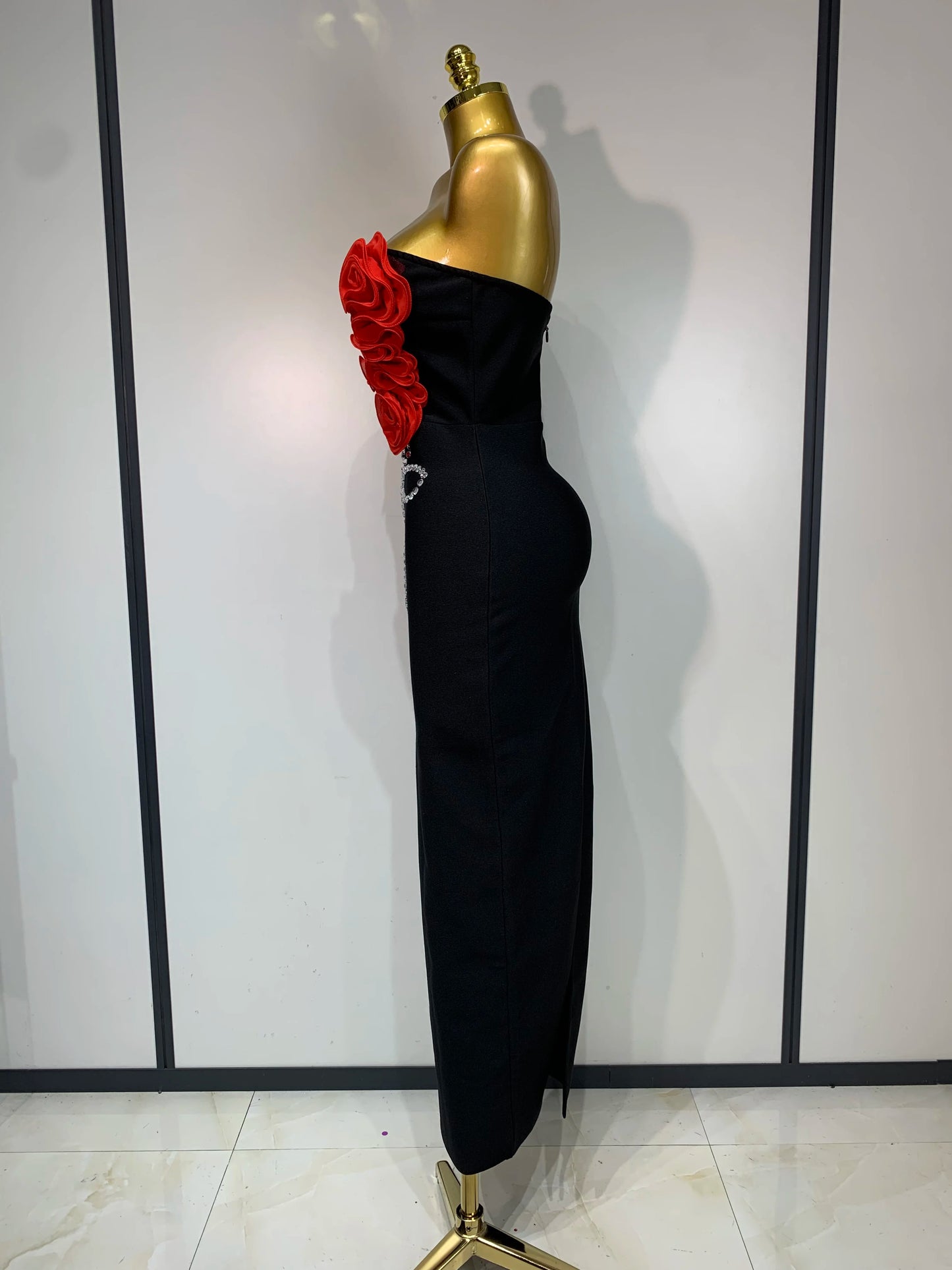 Sexy Strapless 3D Flowers Diamond Black Midi Bandage Elegant Evening Party Night Birthday Dress