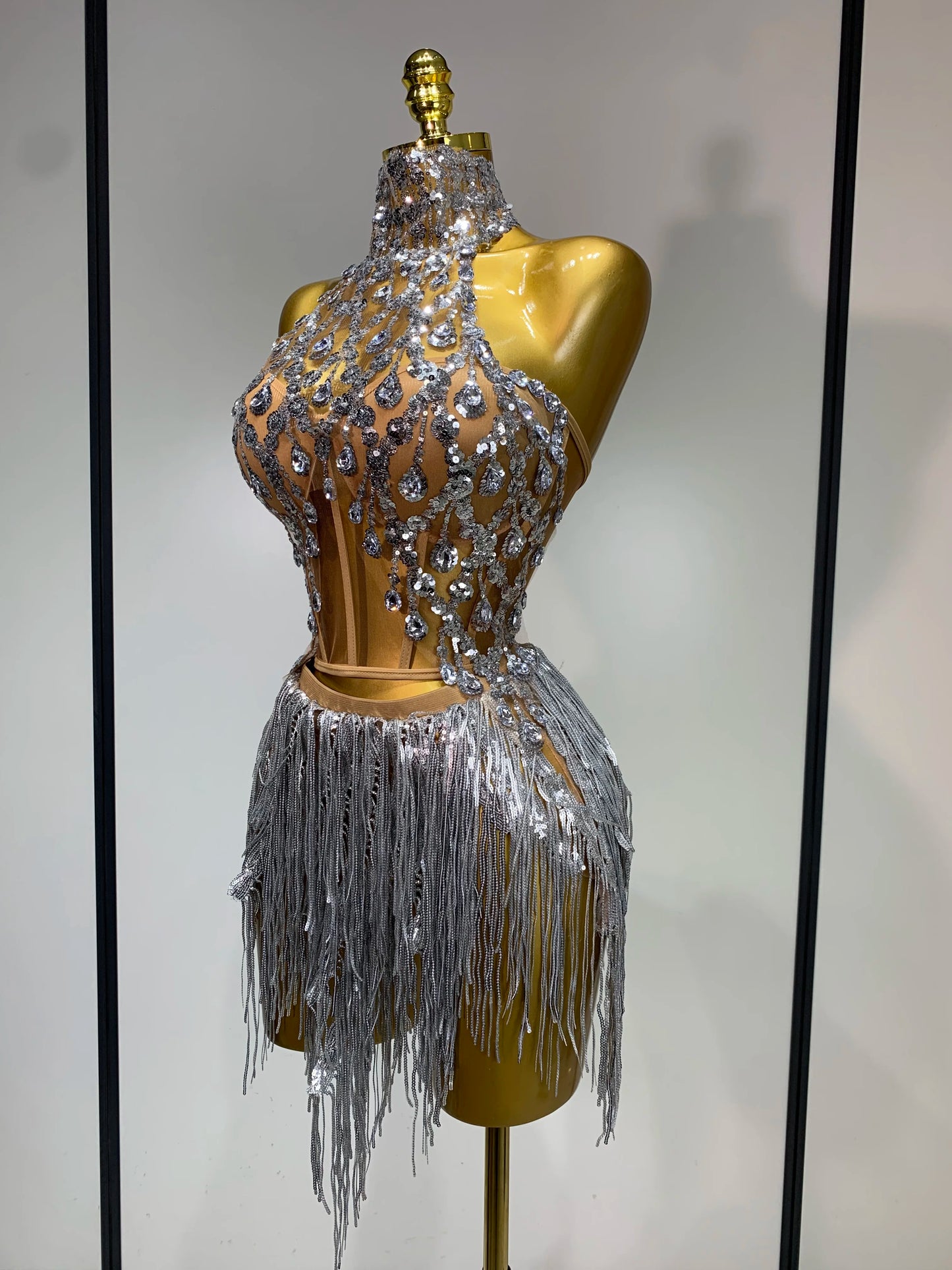 Sexy Shinning Rhinestone Tassels Two Pieces Nightclub Evening Party Birthday Clubbing Dress