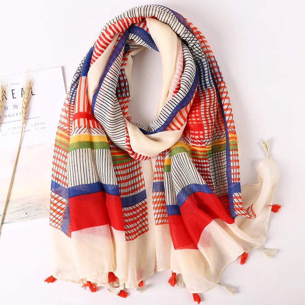 Women Fashion Large Cotton Flower Designs Tassel Prints Scarves Wrap Shawl Scarf