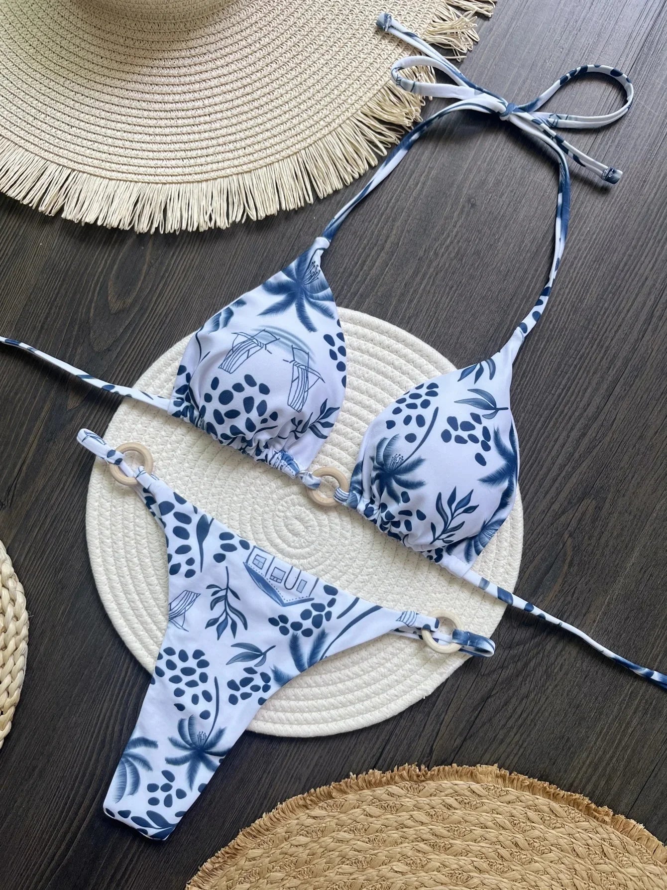Two-pieces Printed Halter Brazilian High Leg Cut Swimsuit Swimwear Bikini Bathing Suit