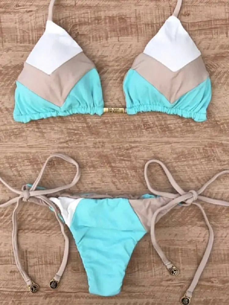 Sexy Halter Thong Micro Bikini Push Up Brazilian Tropical Plant Print String Mini Swimsuit