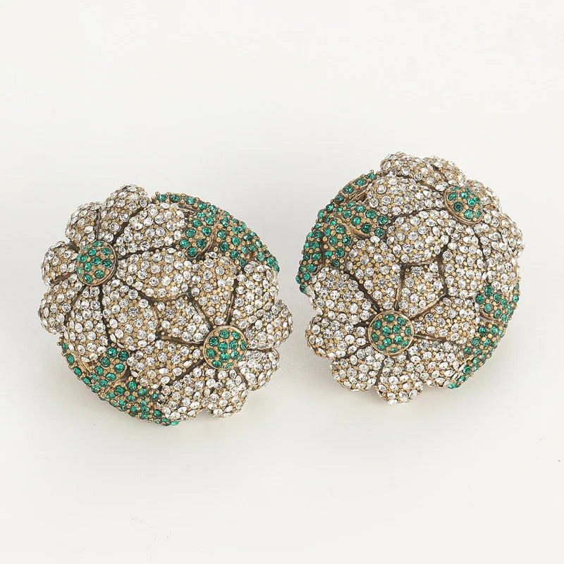 Vintage Rhinestones Sunflower Flower Petals Green Oval Antique Stud Earrings
