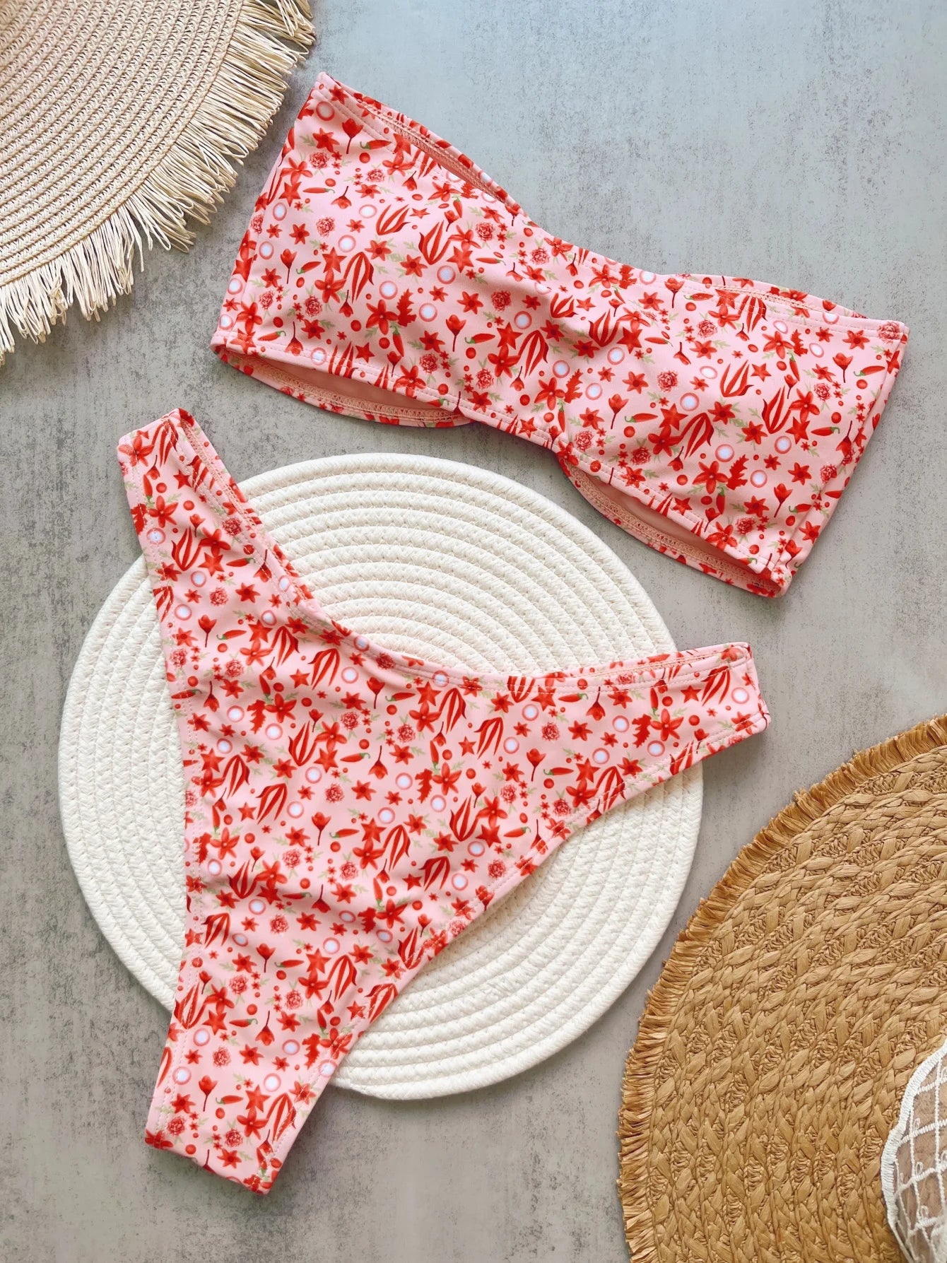 Knitted Sexy Print Strapless Split Swimsuit Bikini Brazilian Triangle Swimwear Suits