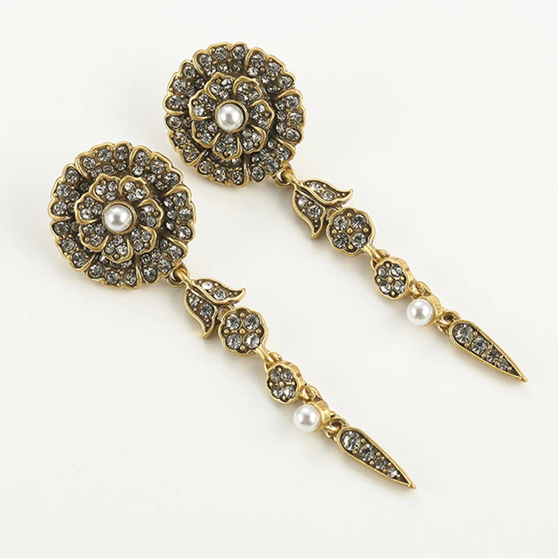 Vintage Luxury Camellia Rose Flower Designer White Rhinestones Layer Antique Indian Long Drop Dangle Earrings