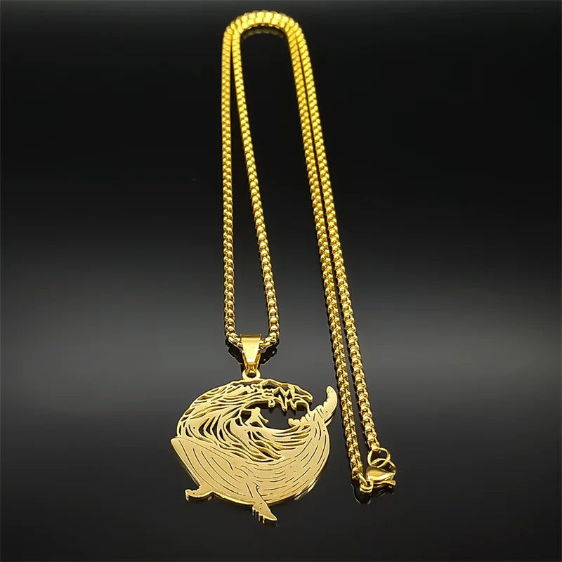 Whale Surf Riding Women Men Stainless Steel Gold Color Chain Necklace Pendant