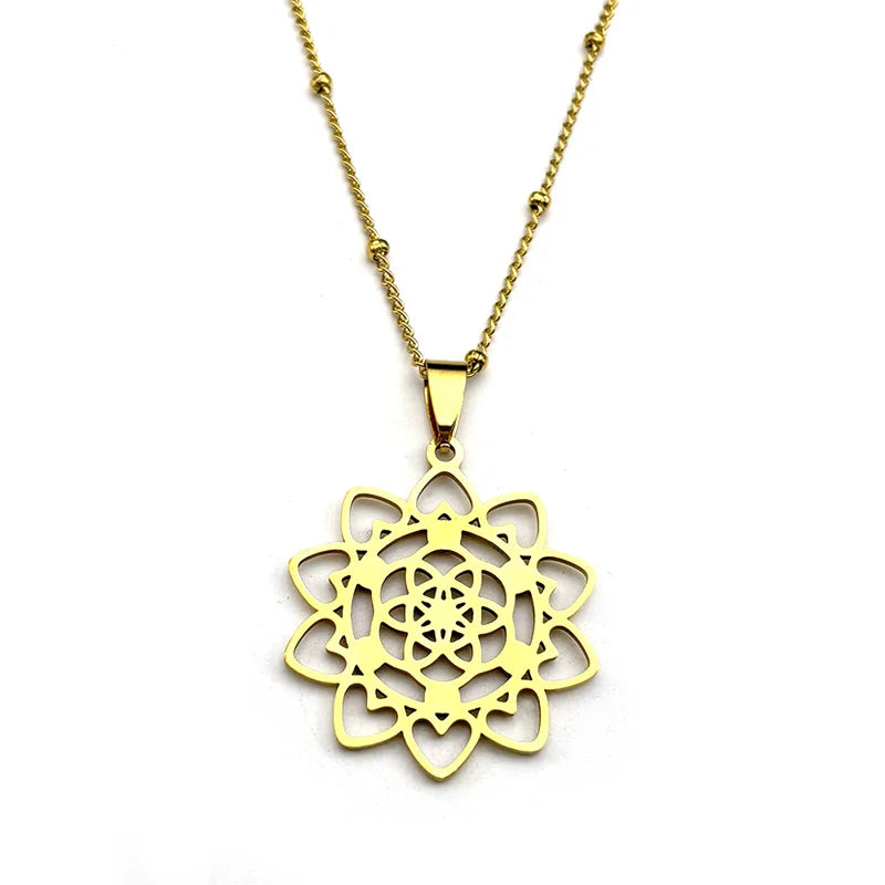 Sacred Geometry 7 Chakra Metatron Stainless Steel Flower of Life Gold Color Chain Necklace
