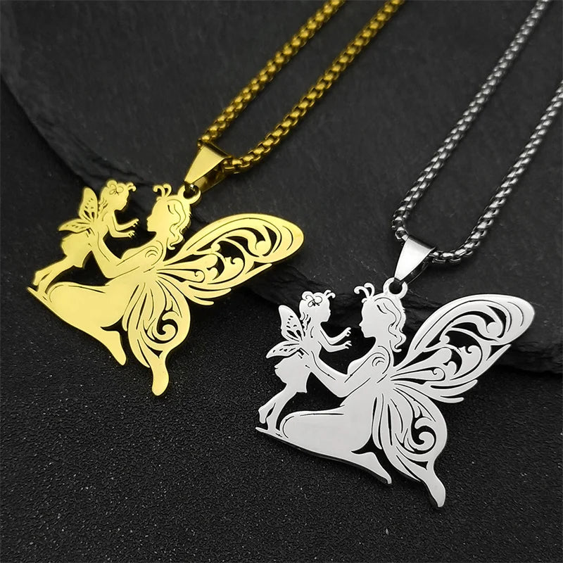 Butterfly Fairy Mom Daughter Men Stainless Steel Gold Color Love Chain Necklace Pendant