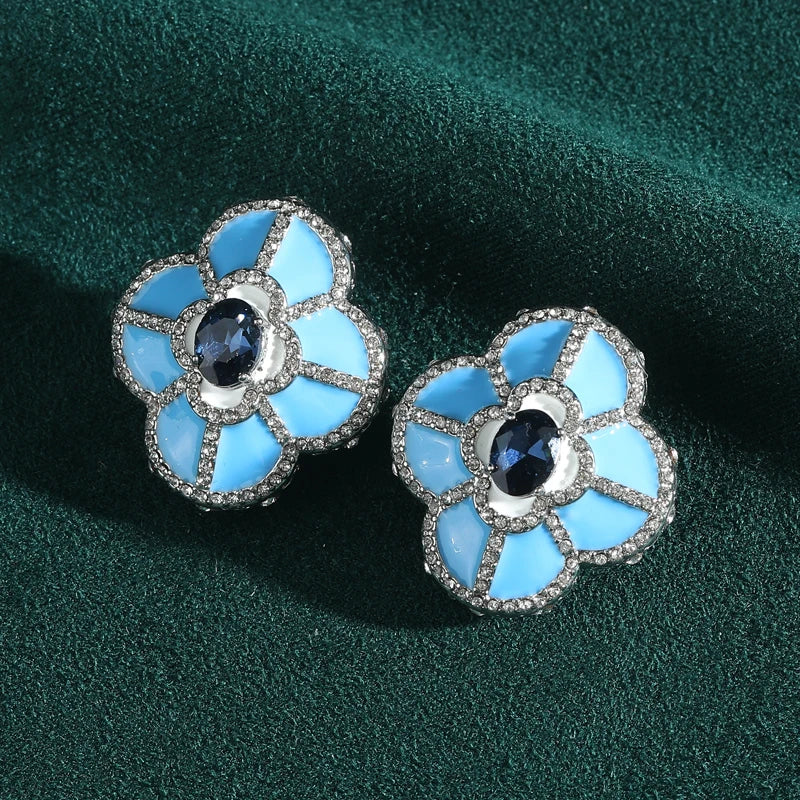 Luxury Designer Large Blue Clover Four Leafs Flower Stud Charms Vintage Earrings