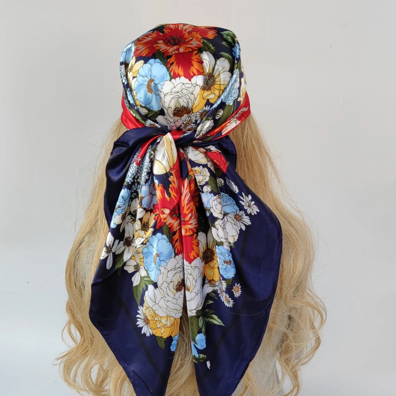 90cm Women Four Seasons Square Silk Satin Oil Painting Prints Bandana Wrap Shawl Scarves Scarfs gfK5