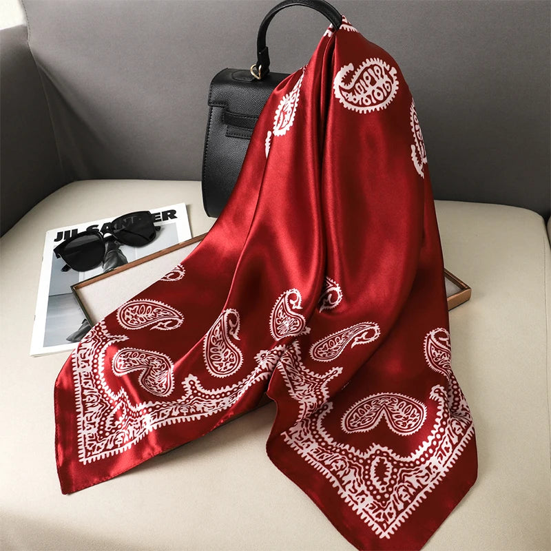 90cm Women Vintage Paisley Square Silk Shawls Printed Wraps Bandana Scarves
