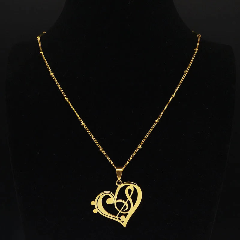 Aesthetic Heart Musical Note Stainless Steel Gold Color Chain Necklace