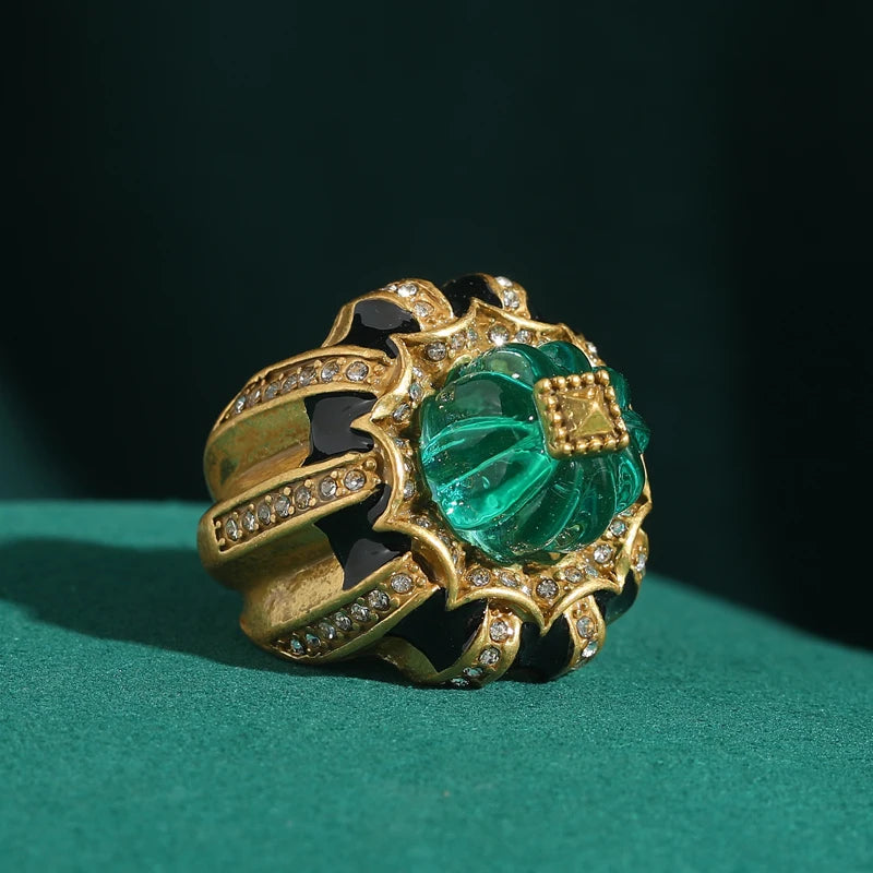 Women Vintage Pumpkin Blue Crystal Open Black Dripping Oil Halloween Ring