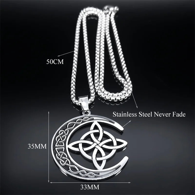 Crescent Celtic Irish Knot Stainless Steel Witch Moon Amulet Protection Chain Necklace