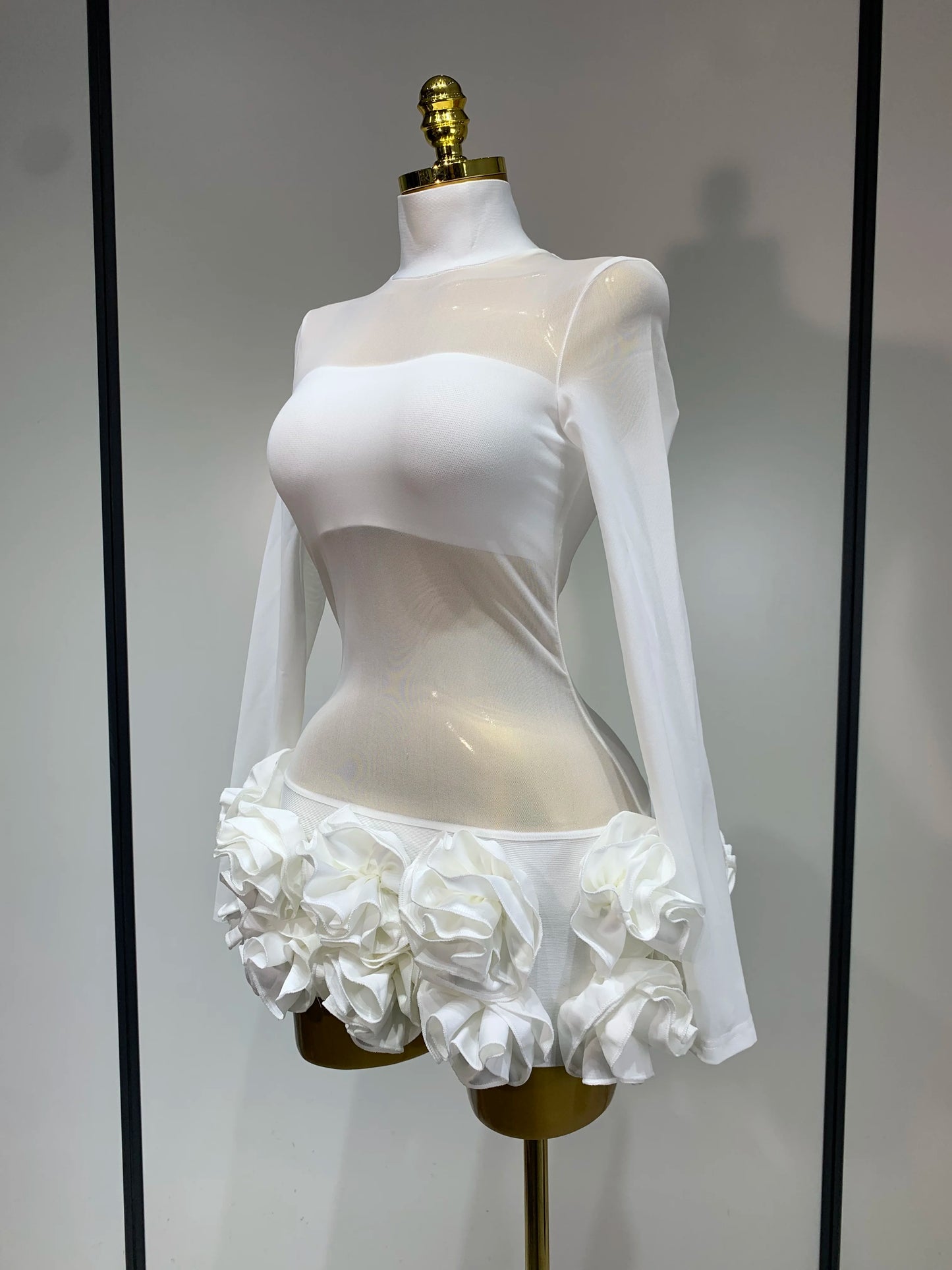 Sexy Mesh See through Stereoscopic Flowers White Red Mini Bandage Birthday Evening Party Dress