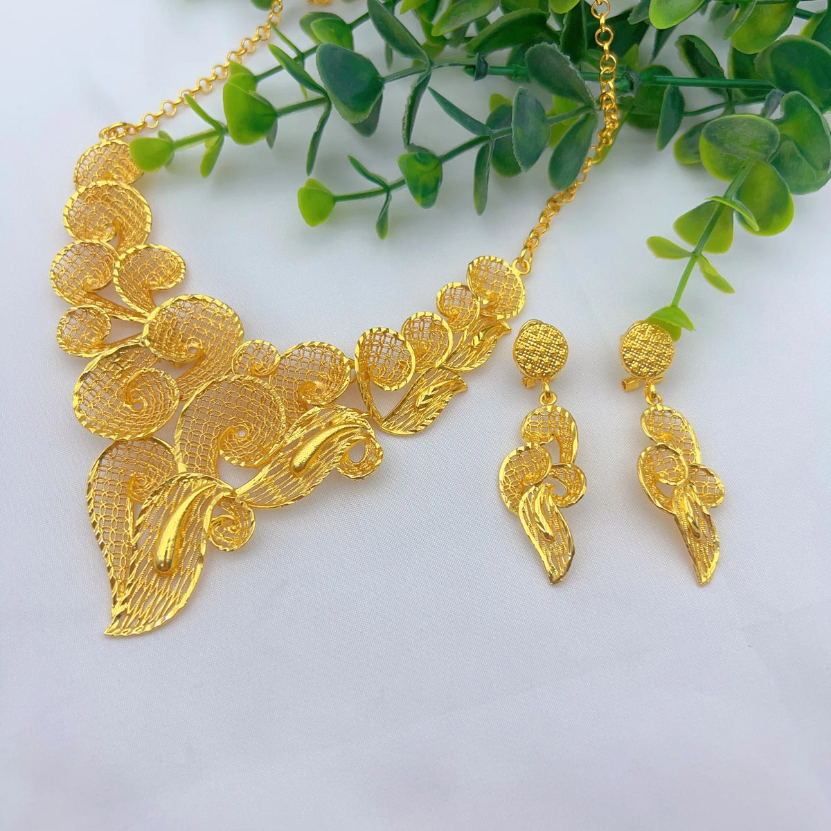Indian 24K Gold Plated Big Floral Women African Dubai Bridal Wedding Necklace Earrings Jewelry Set