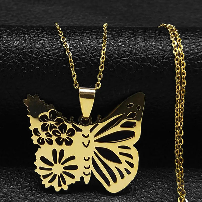 Bird Hummingbird Flower Necklace for Women Men Stainless Steel Gold Color Animal Pendant Necklaces Jewelry collar colibri N4626S